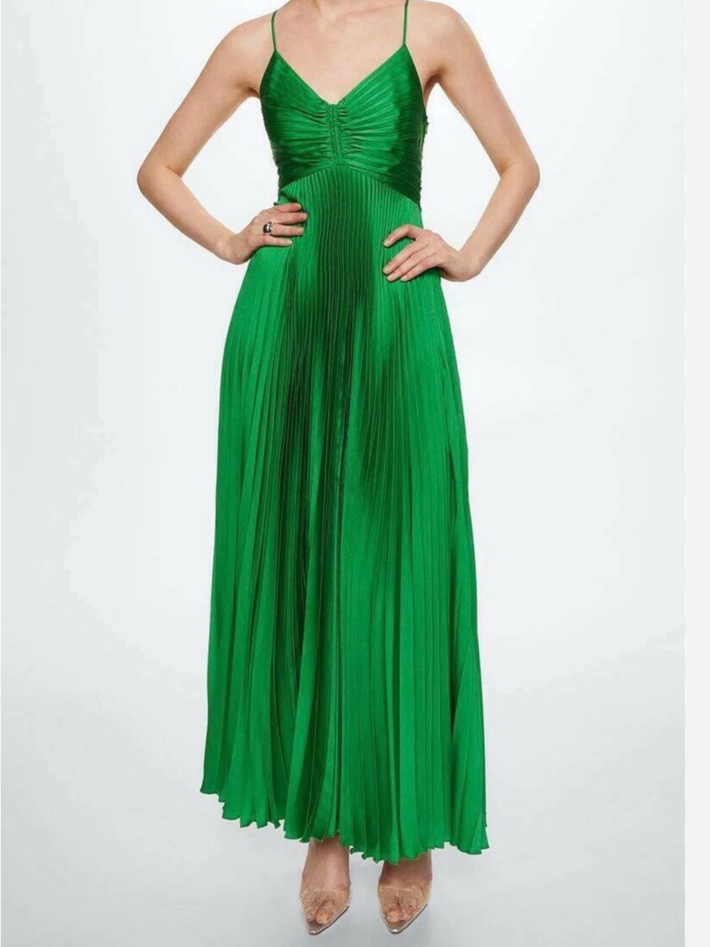 Mango Emerald Green Pleated Maxi Dress